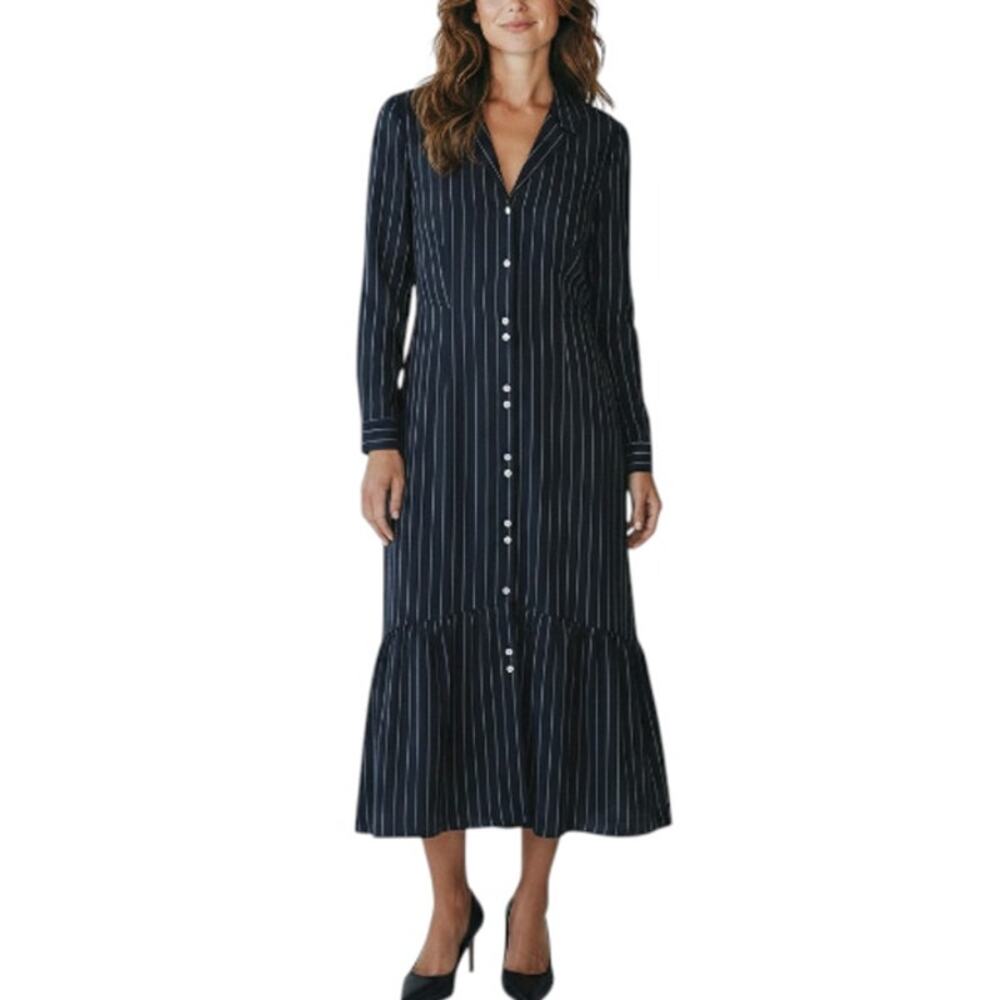 BECKEN Silk Striped Midi Dress Sz 10 Blue Office Retro Old Money Y2K Made USA
